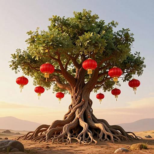 Photorealistic digital artwork of a majestic tree with sprawling roots, adorned with red Chinese lanterns, set against a sunset sky.