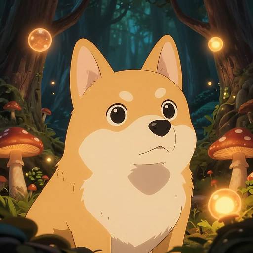 Digital anime-style drawing of a cute, orange and white Shiba Inu dog with large, expressive eyes, surrounded by glowing mushrooms and fireflies in