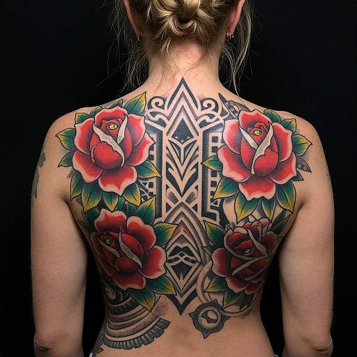 Vibrant Back Tattoo with Braided Bun