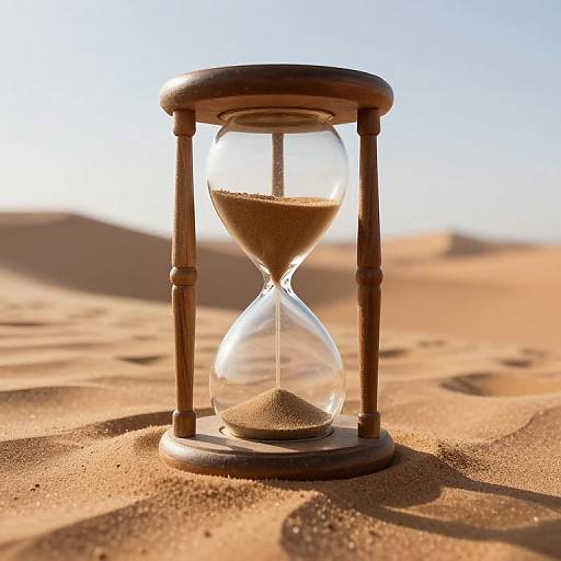 Photograph of a wooden hourglass on golden sand dunes under bright sunlight, with clear blue sky in the background.