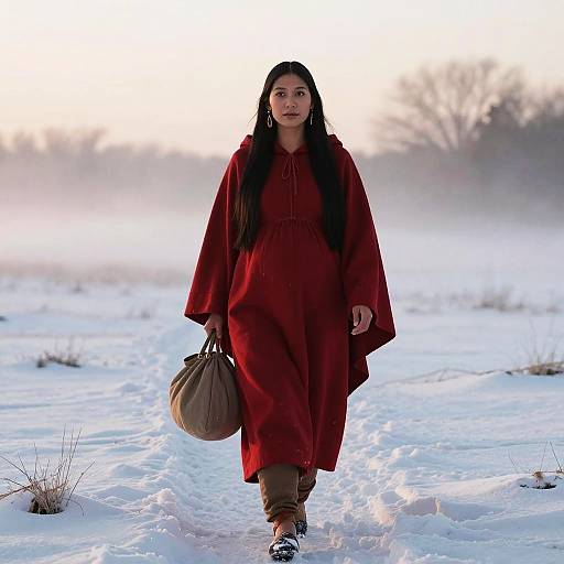 Photograph of an Asian woman with long black hair, wearing a red traditional dress, brown boots, and carrying a beige bag, walking through a snowy