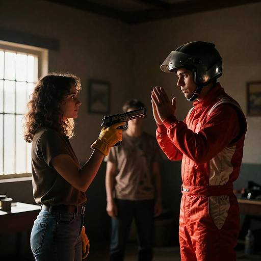 Tense Standoff in Dimly Lit Room