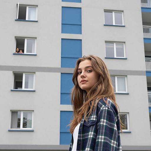 Young Woman in Front of Apartment Building