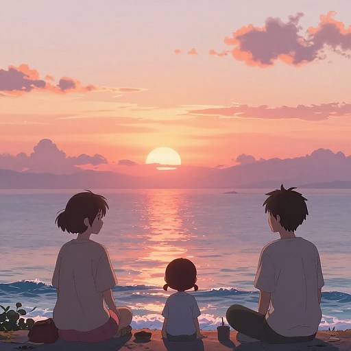 Anime-style drawing of a family of three sitting on a beach at sunset, wearing casual clothes, watching the sun reflect on the ocean.