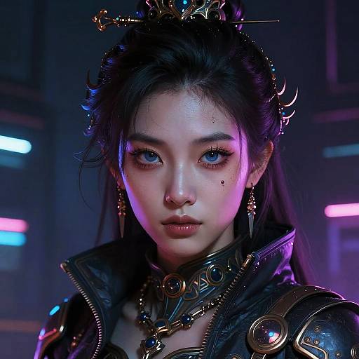 Digital artwork of an East Asian woman with blue eyes, black hair in an ornate hairstyle, wearing futuristic armor with neon lights. Background features blurred neon