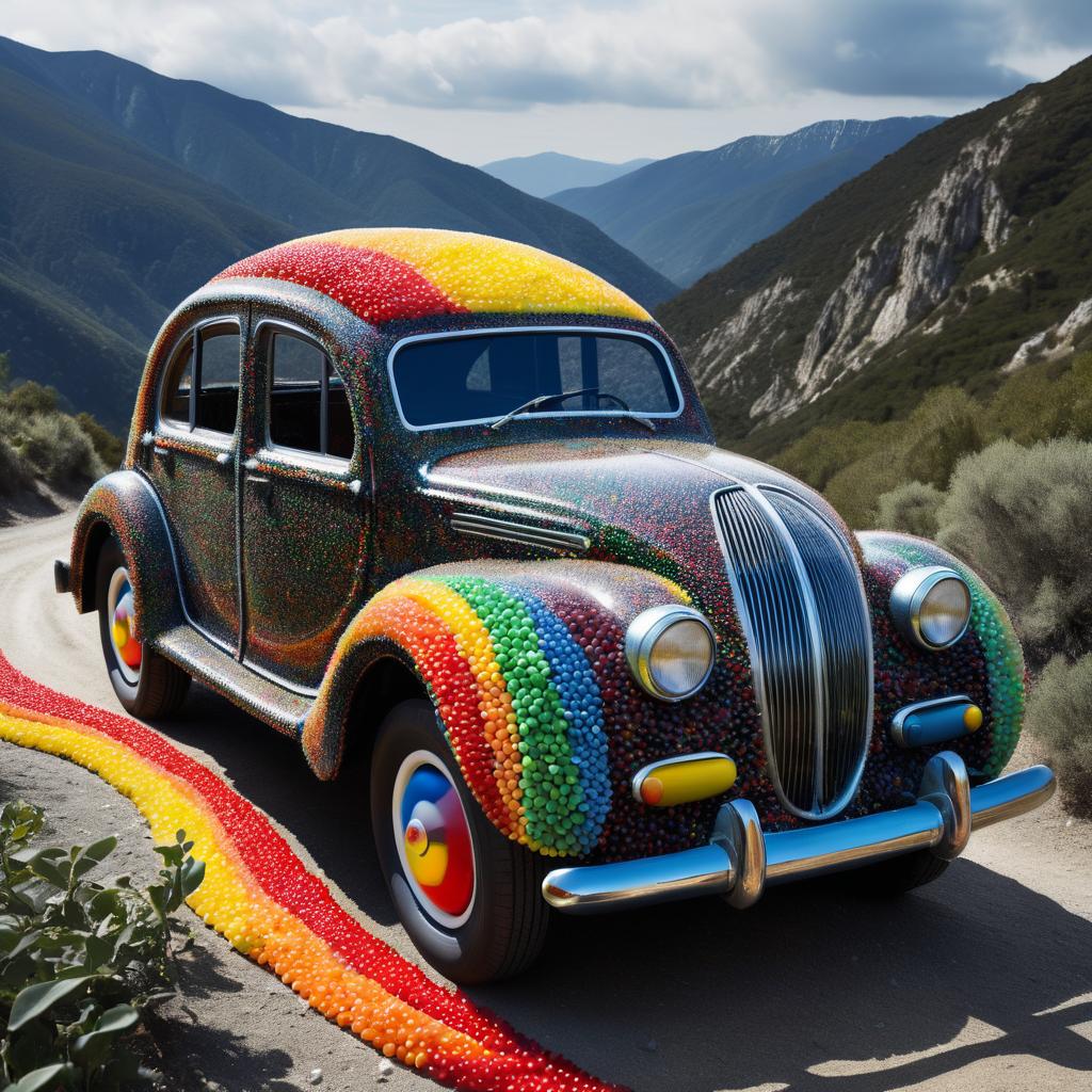 Surreal Jellybean Vehicle in Mountain Landscape