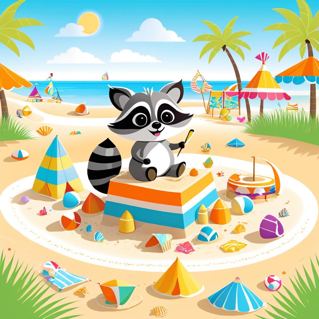 Joyful Raccoon Building a Sandcastle