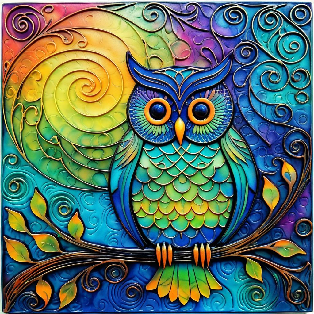 Whimsical Owl in Abstract Encaustic Art