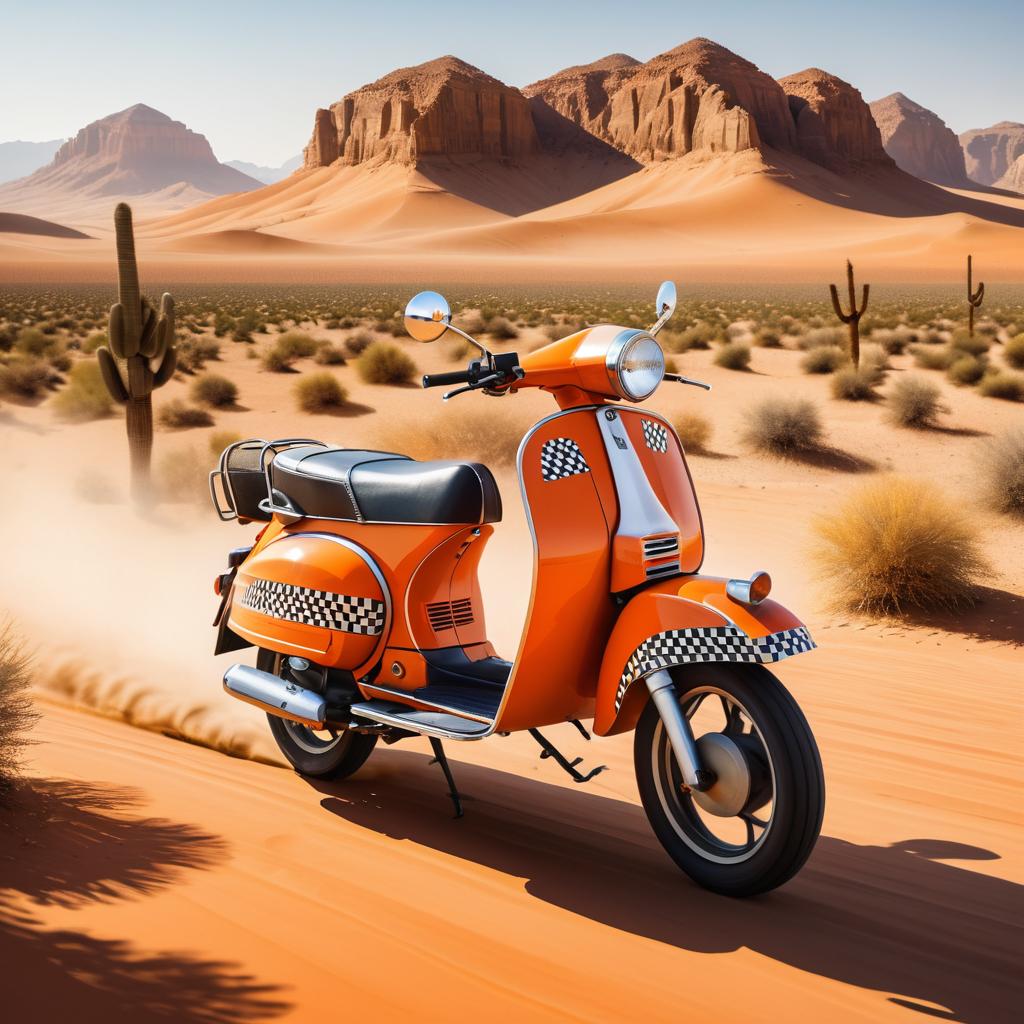 Vintage Moped Racing Through Desert Landscape