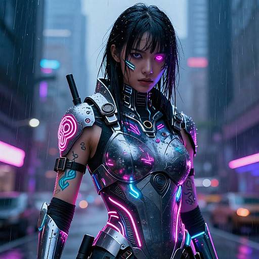 Cyberpunk woman with glowing neon tattoos, wet black hair, and metallic armor stands in a rainy, neon-lit city street at night. Digital