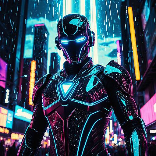 Futuristic Neon Android in Rainy Cityscape