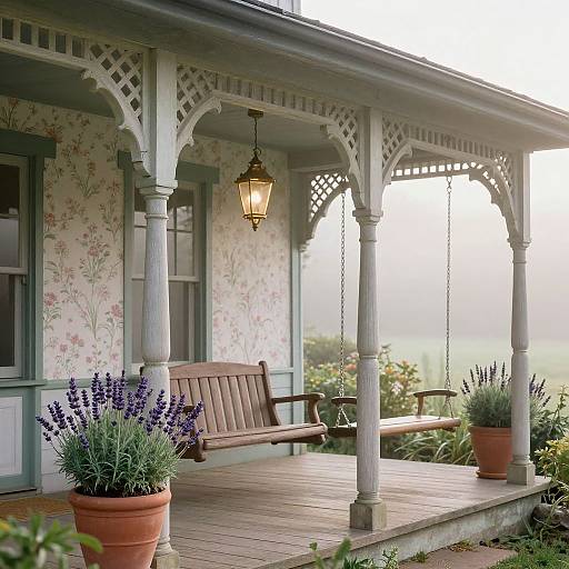 Photograph of a charming Victorian-style porch with floral wallpaper, white ornate pillars, wooden bench, hanging lantern, lavender potted plants, and a