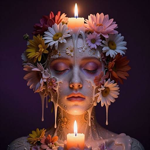 Photograph of a face adorned with flowers, wax dripping from candles on head and neck, eyes closed, dark background, glowing candlelight.
