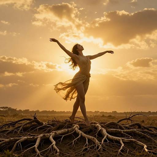 Silhouetted dancer in flowing dress stands on root mound at sunset, arms gracefully raised, against golden sky with scattered clouds. Photographic image.