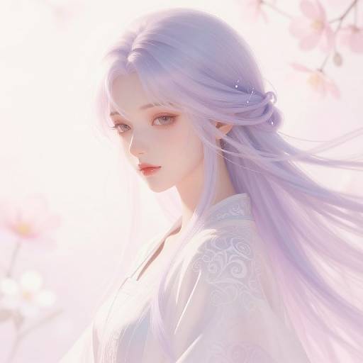 Digital art of a pale-skinned, ethereal woman with long, flowing lavender hair, wearing a white, ornate top, gazing softly to