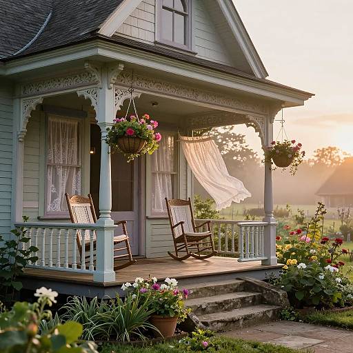 Photograph of a quaint, light-blue Victorian porch with wooden chairs, hanging flower baskets, lace curtains, and a sunset backdrop.