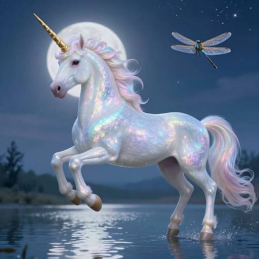 Photorealistic digital artwork of a glowing white unicorn with a golden horn, standing in a reflective lake at night, beside a hovering dragonfly.