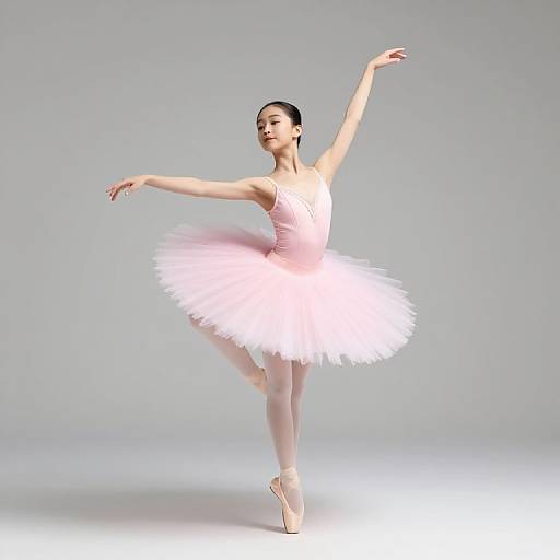 Photograph of a graceful female ballet dancer in a pink tutu, pointe shoes, and pink bodice, poised in an elegant arabesque