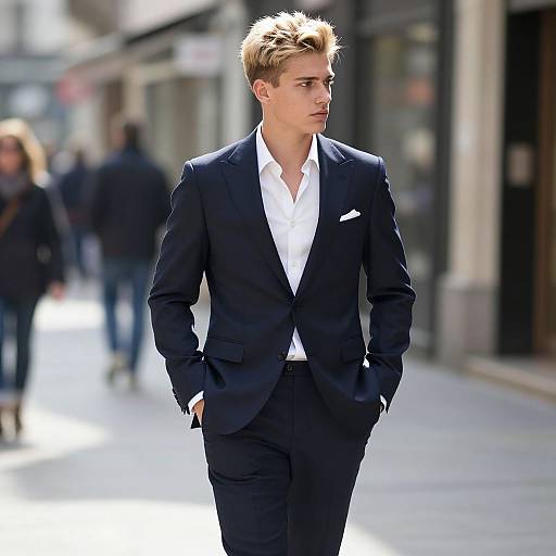 Photograph of a handsome young man with blond hair, wearing a black suit and white shirt, standing confidently on a sunlit urban street, with blurred