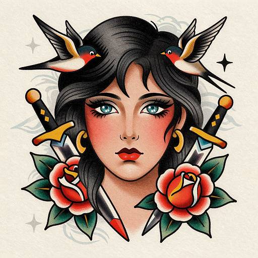 Digital tattoo-style illustration of a fair-skinned woman with black hair, blue eyes, red lips, gold earrings, two hummingbirds, and red roses