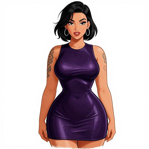 Digital illustration of a curvy woman with black bob haircut, wearing a tight, sleeveless purple dress, hoop earrings, and visible tattoo on her right