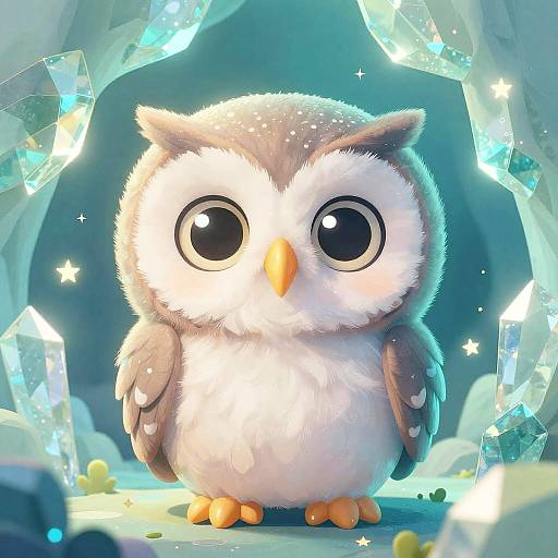 Cute, fluffy cartoon owl with large, shiny eyes and orange beak stands in a glowing, icy cave surrounded by sparkling crystals. Digital art style