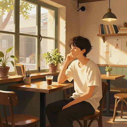 Digital anime-style drawing of a young man with black hair and white t-shirt, sitting in a sunlit, cozy café, pensive, with a