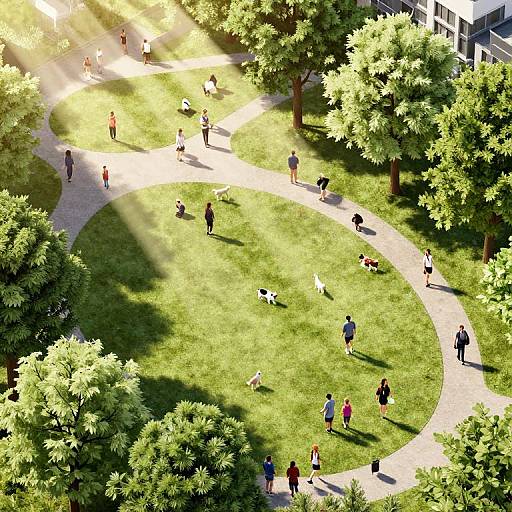 Aerial photograph of a sunny, green park with people and dogs walking, playing, and relaxing on grassy paths surrounded by trees.
