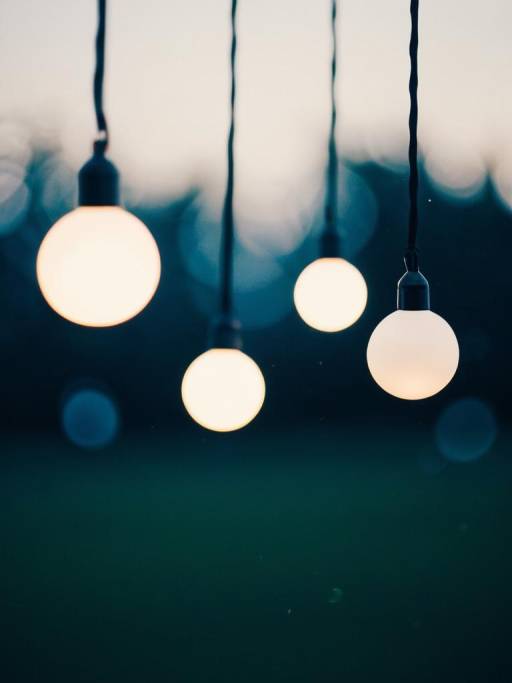 Hanging Glowing Light Bulbs at Dusk