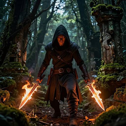 A dark-clad, hooded warrior with glowing dual swords strides through a misty, moss-covered forest, flanked by ancient stone pillars. Fantasy