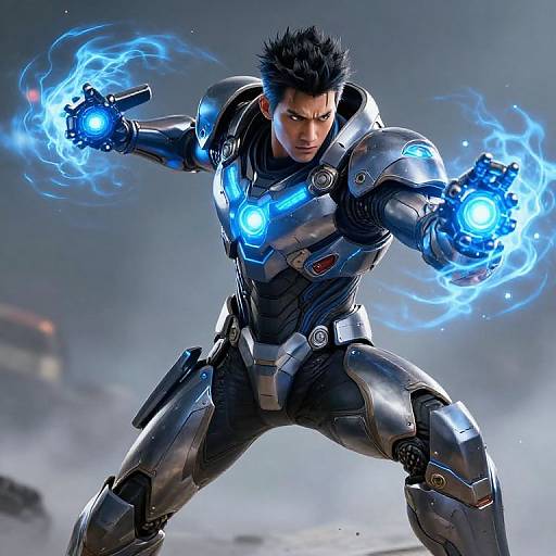 Photorealistic digital artwork of a muscular Asian man in black, glowing blue-energized, futuristic armor, wielding blue energy blasts from both hands
