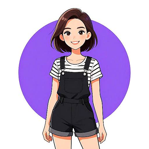Digital anime-style drawing of a smiling young woman with shoulder-length brown hair, wearing black overalls over a white and black striped shirt, against a purple