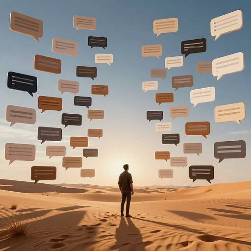 Silhouetted person in desert stands facing sky filled with floating speech bubbles in various colors, sunset casting long shadows.