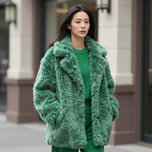 Asian Woman in Green Oversized Fur Coat