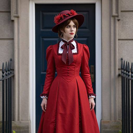 Photograph of a pale-skinned woman with dark hair in a Victorian-style red dress and hat with red flowers, standing in front of a black door