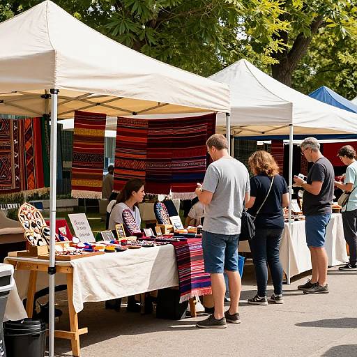 Photograph of an outdoor market with white tents, colorful striped fabrics, and customers browsing, including men and women in casual attire.