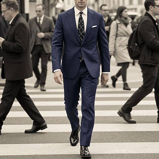 Photograph of a handsome, clean-shaven man in a dark blue suit, white shirt, and black patterned tie, walking confidently across a city