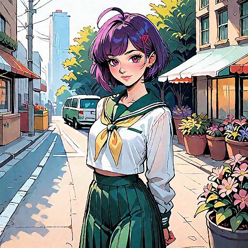 Smiling Purple-Haired Schoolgirl on Street