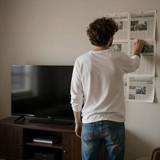 Man Reading Newspaper Clippings on Wall