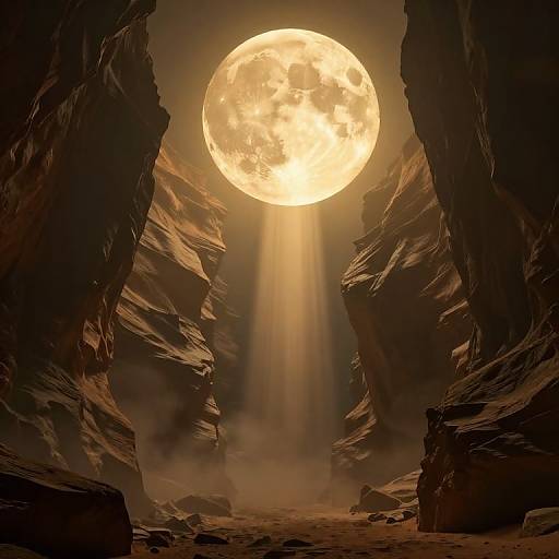 Photograph of a glowing full moon casting beams of light through a narrow canyon with dark, rugged, rocky walls.