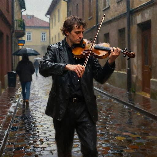 Photograph of a wet, rain-soaked street; a brown-haired man in a black jacket plays a violin, with a person holding an umbrella in