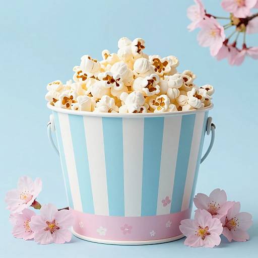 Photograph of a blue and white striped bucket filled with fluffy popcorn, surrounded by pink cherry blossoms, against a bright blue background.