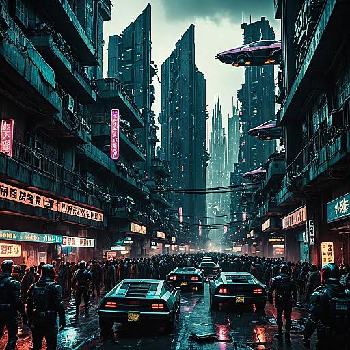 Cyberpunk Dystopian City Street with Flying Cars