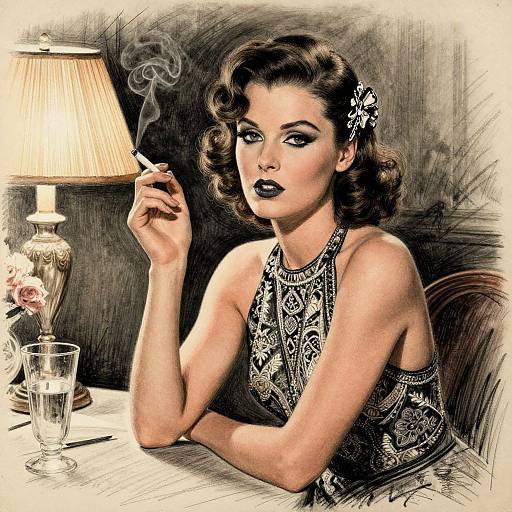 Vintage-style digital drawing of a sultry woman with dark hair, black lipstick, and intricate patterned dress, smoking, beside a lit lamp.