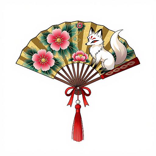 Ornate Fan Tattoo with White Fox and Floral Patterns