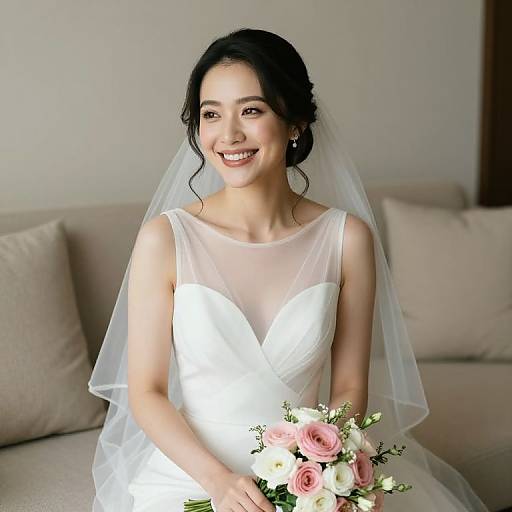 Photograph of smiling Asian bride in white, sheer-shouldered wedding dress with veil, holding pink and white rose bouquet, seated on beige couch.