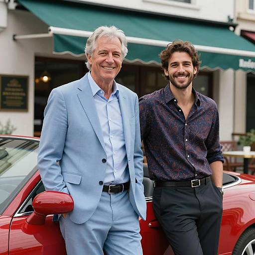 Two men standing next to red convertible outside café