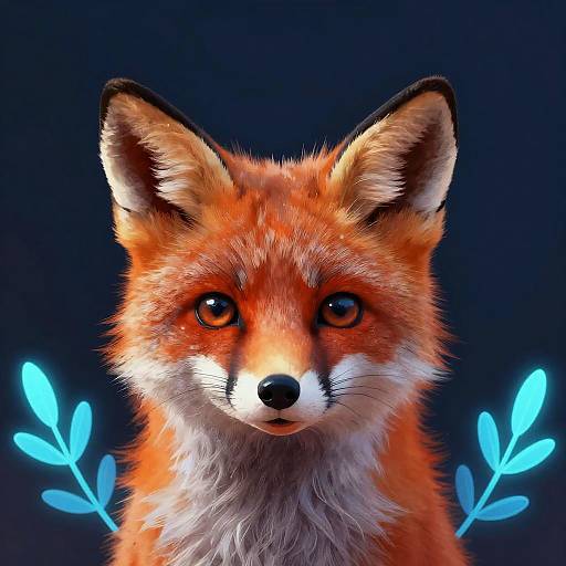 Digital artwork of a realistic, vibrant red fox with striking orange eyes, white fur on cheeks, and blue illuminated leaves in the background.