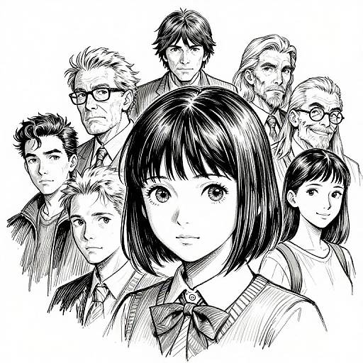 Black-and-white manga-style drawing of a group of seven characters, focusing on a serious-looking young woman with a bob haircut in the foreground.
