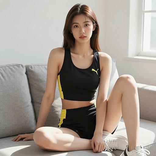 Young Woman in Athletic Outfit on Couch